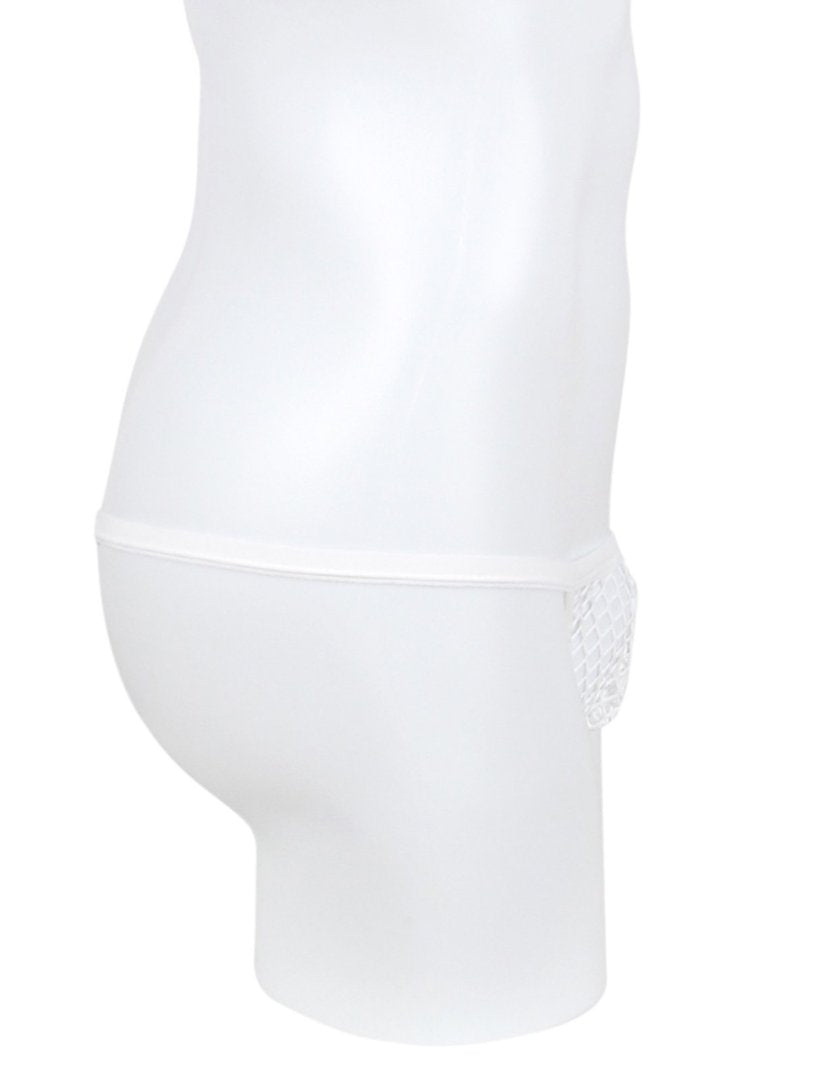 Teasefashion men's white fishnet thong displayed on a white mannequin side view