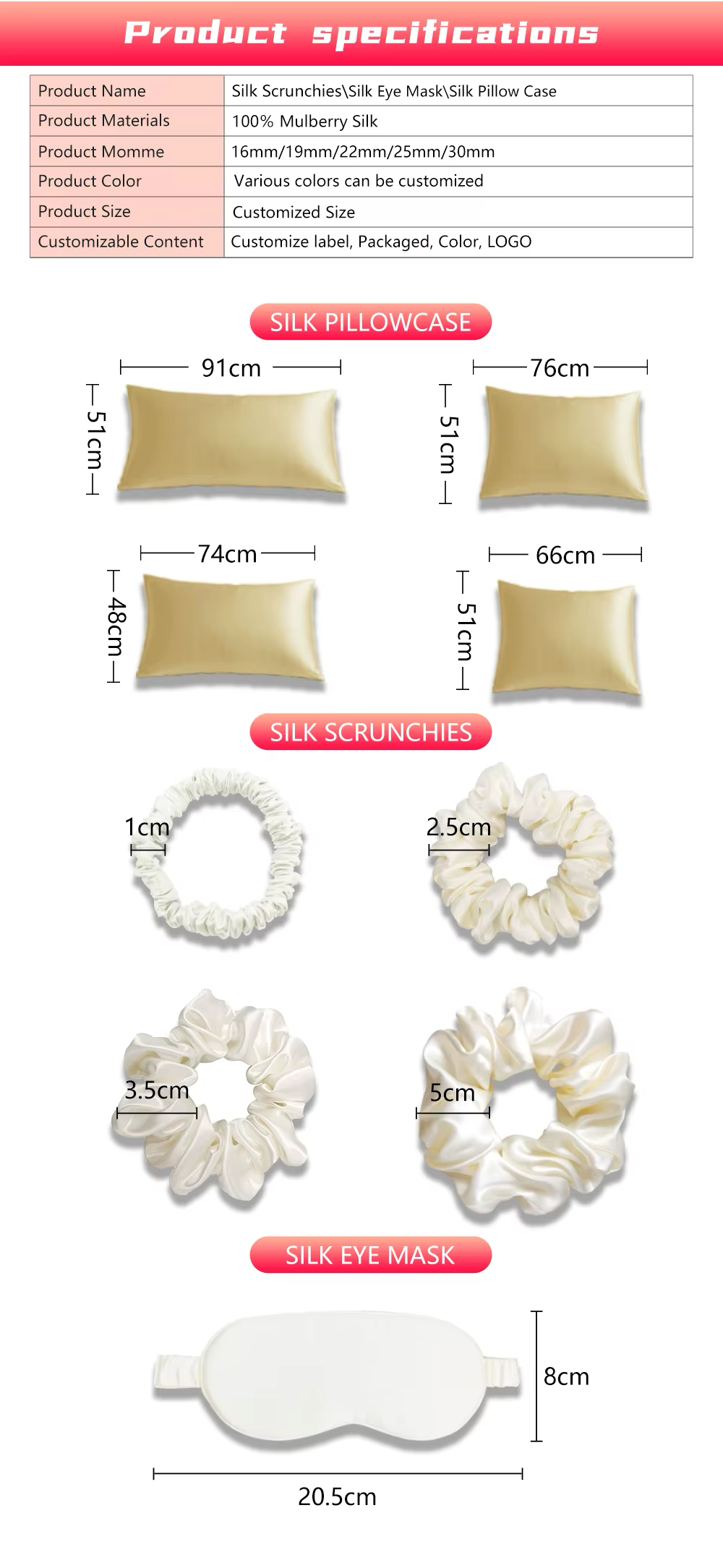 Luxury 100% Mulberry Silk Pillow case Sleep Eye Mask Blind Gift Set 3pieces Silk Pillowcase Silk Scrunchies