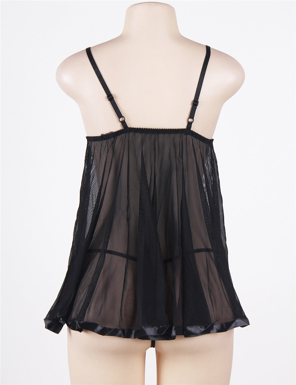 Back view of black lace rhinestone nightdress with adjustable straps and sheer fabric by Derol B.V.