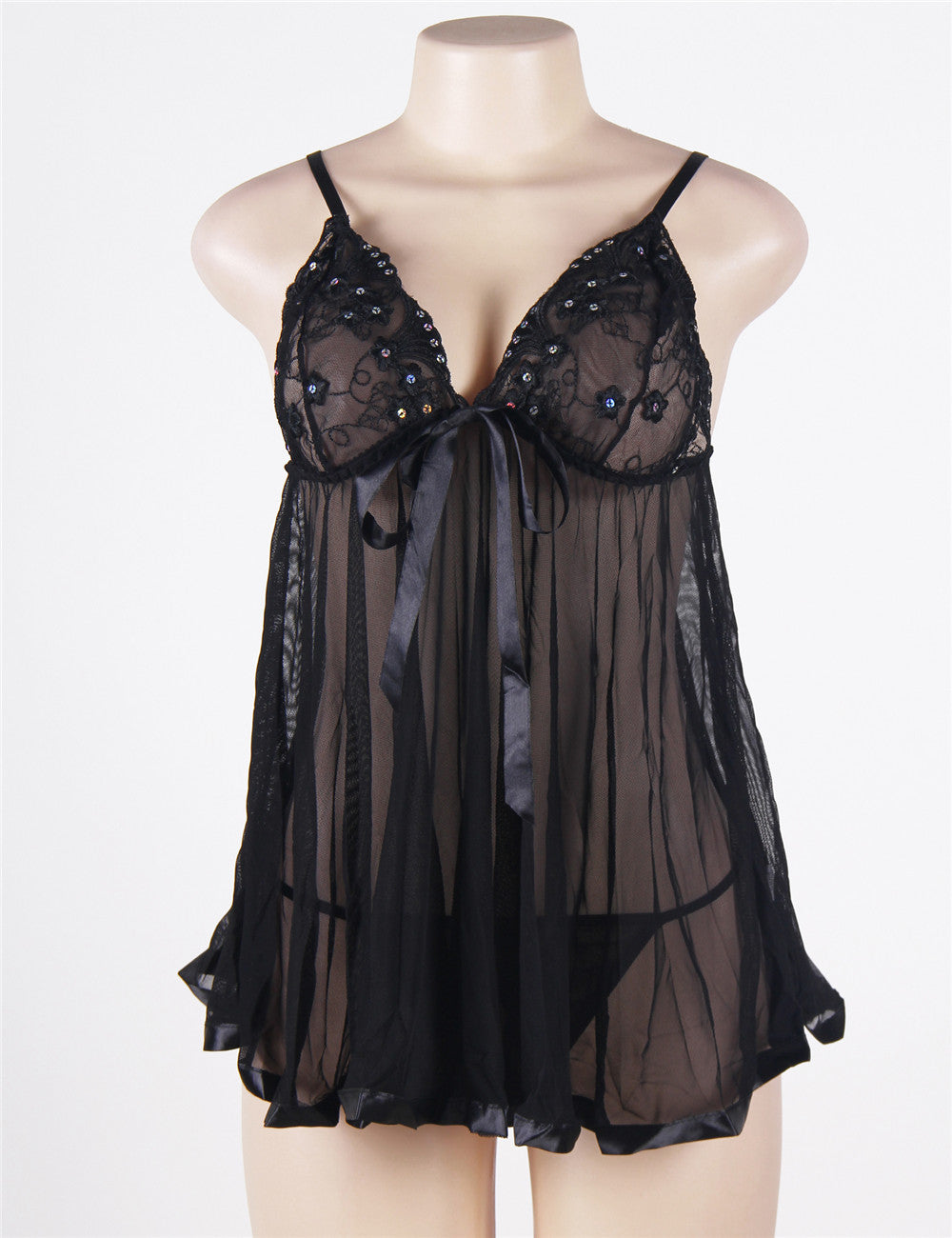 Black lace rhinestone nightdress with sheer fabric and adjustable straps by Derol B.V.