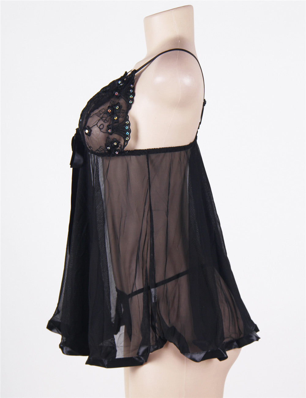 Derol B.V. black lace rhinestone nightdress with sheer fabric and adjustable straps on mannequin